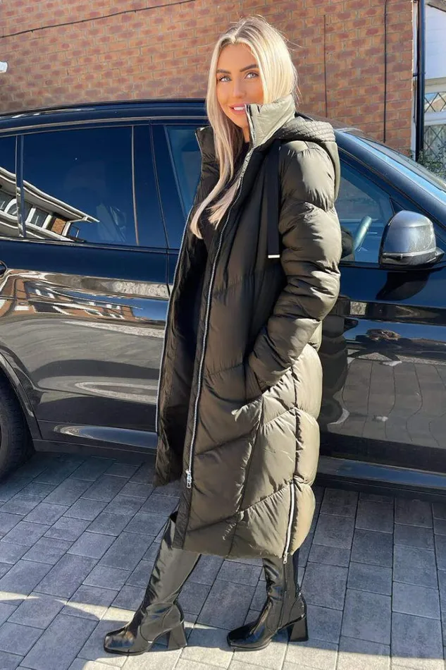 AX Paris Khaki Long Puffer Coat Women Coats and Jackets