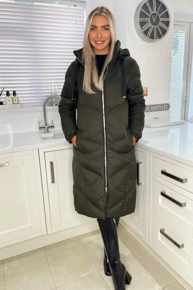 AX Paris Khaki Long Puffer Coat Women Coats and Jackets
