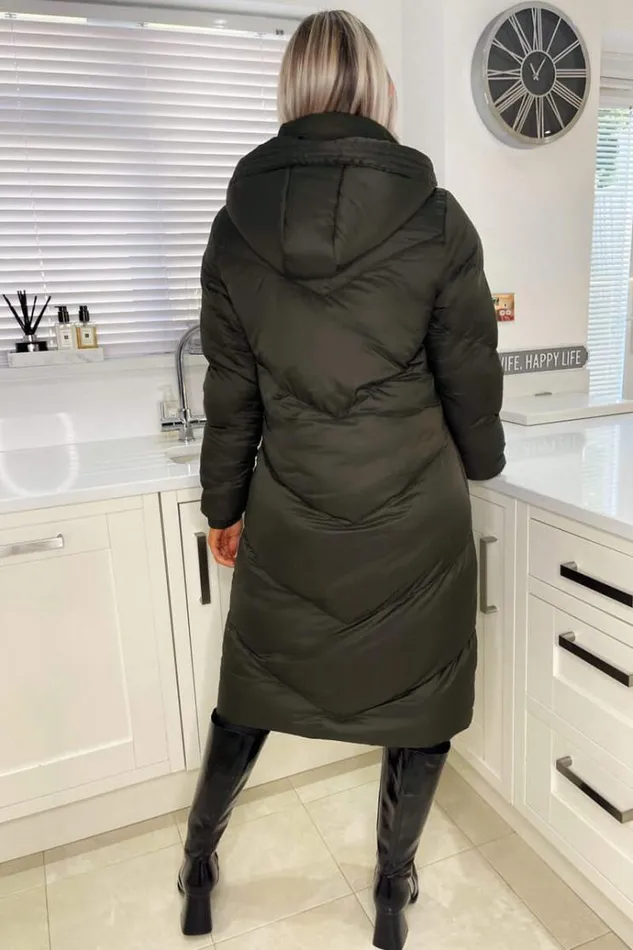 AX Paris Khaki Long Puffer Coat Women Coats and Jackets