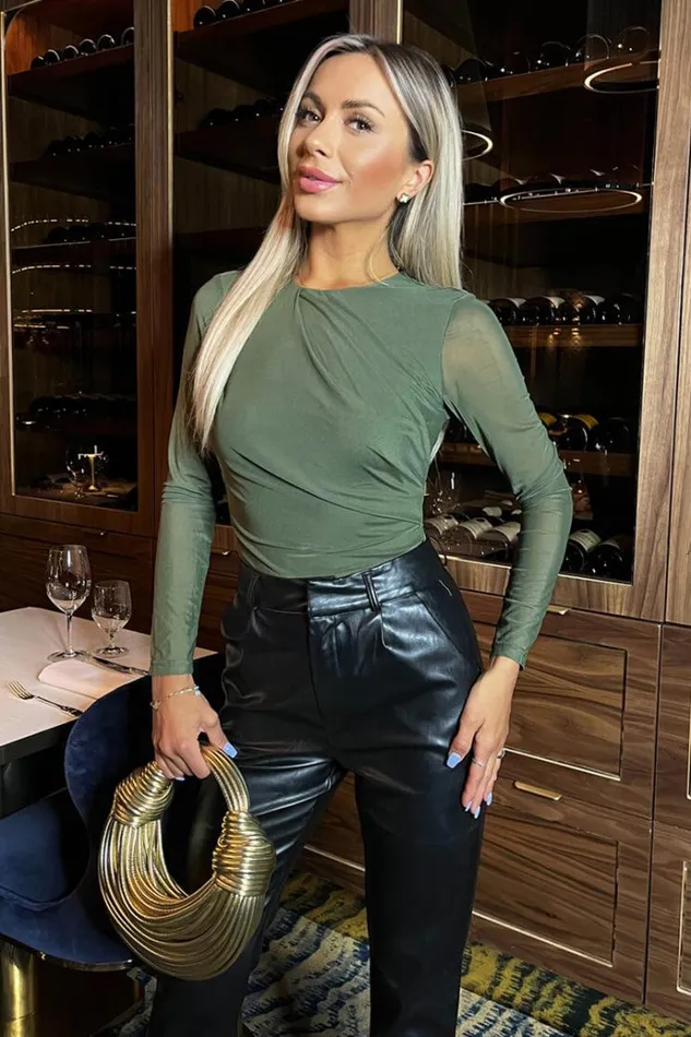 AX Paris Khaki Long Sleeve Draped Mesh Bodysuit Women Bodysuits