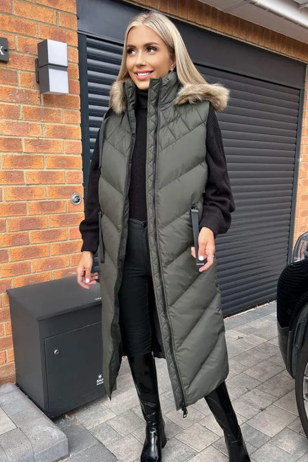 AX Paris Khaki Longline Faux Fur Hooded Gilet Women Coats and Jackets