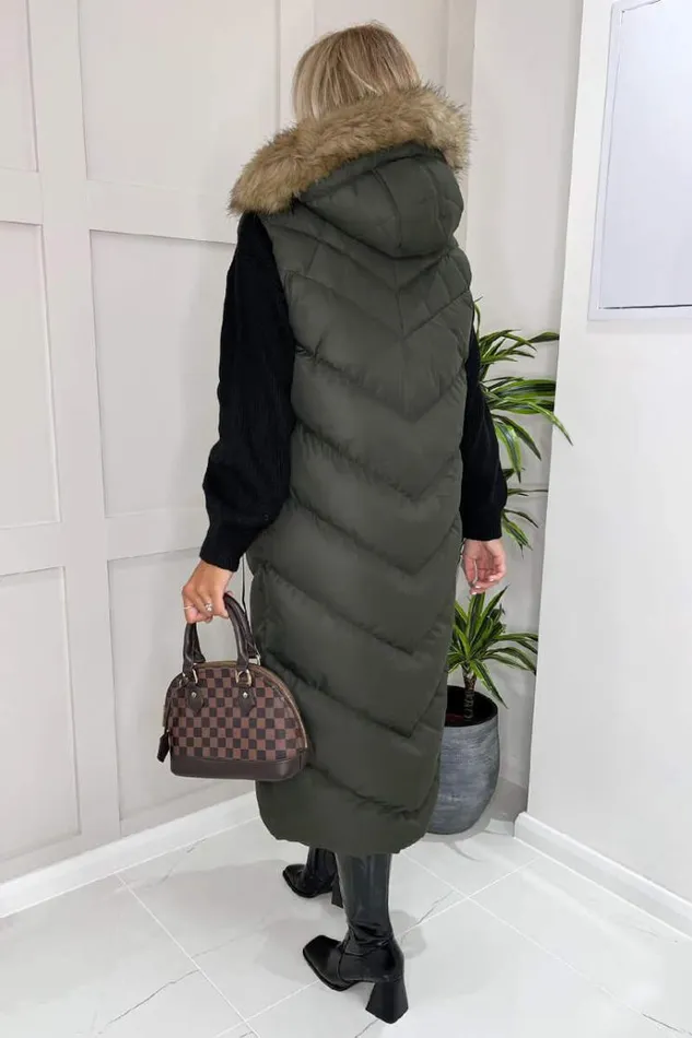 AX Paris Khaki Longline Faux Fur Hooded Gilet Women Coats and Jackets