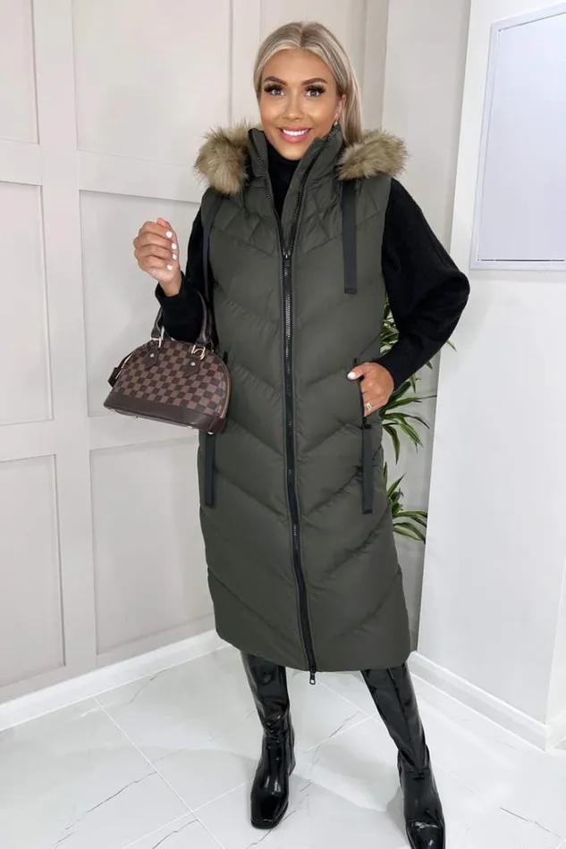 AX Paris Khaki Longline Faux Fur Hooded Gilet Women Coats and Jackets