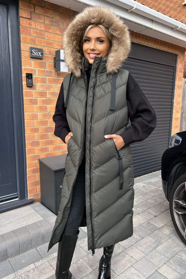 AX Paris Khaki Longline Faux Fur Hooded Gilet Women Coats and Jackets