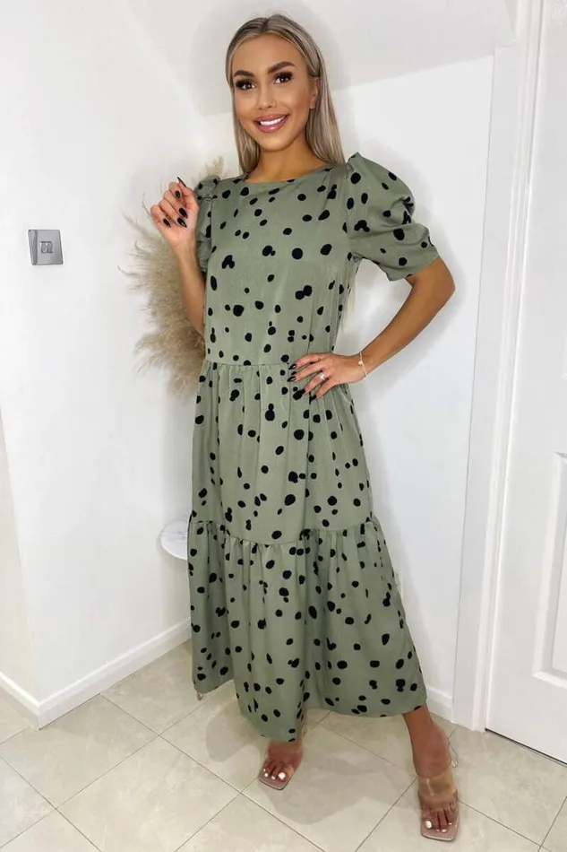 AX Paris Khaki Polka Dot Short Sleeve Tiered Midi Dress Women Dresses