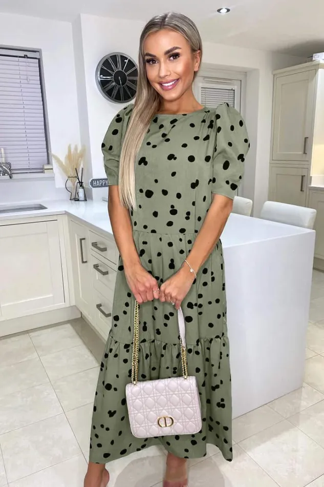 AX Paris Khaki Polka Dot Short Sleeve Tiered Midi Dress Women Dresses