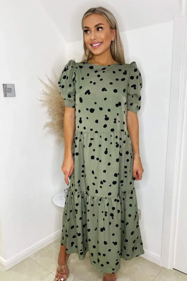 AX Paris Khaki Polka Dot Short Sleeve Tiered Midi Dress Women Dresses