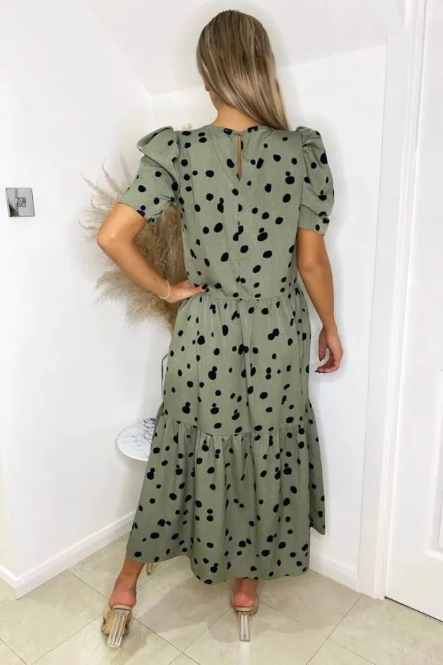AX Paris Khaki Polka Dot Short Sleeve Tiered Midi Dress Women Dresses