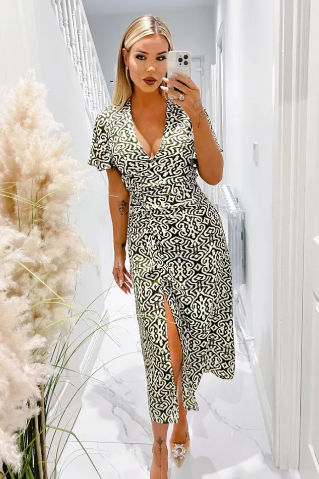 AX Paris Khaki Printed Bell Sleeve Midi Dress Women Dresses