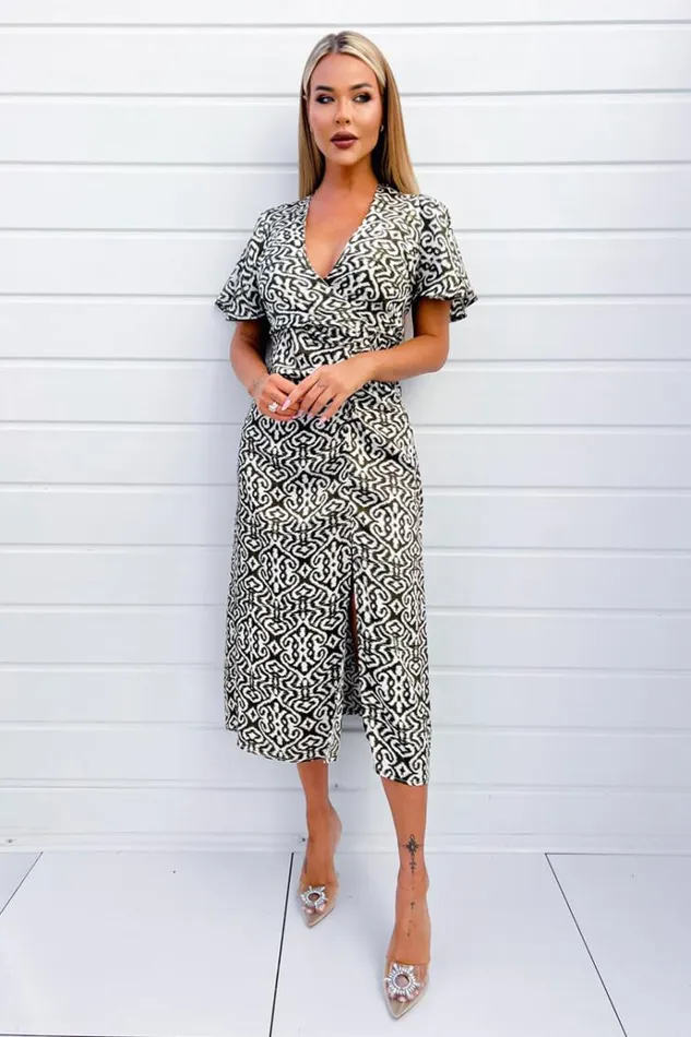 AX Paris Khaki Printed Bell Sleeve Midi Dress Women Dresses