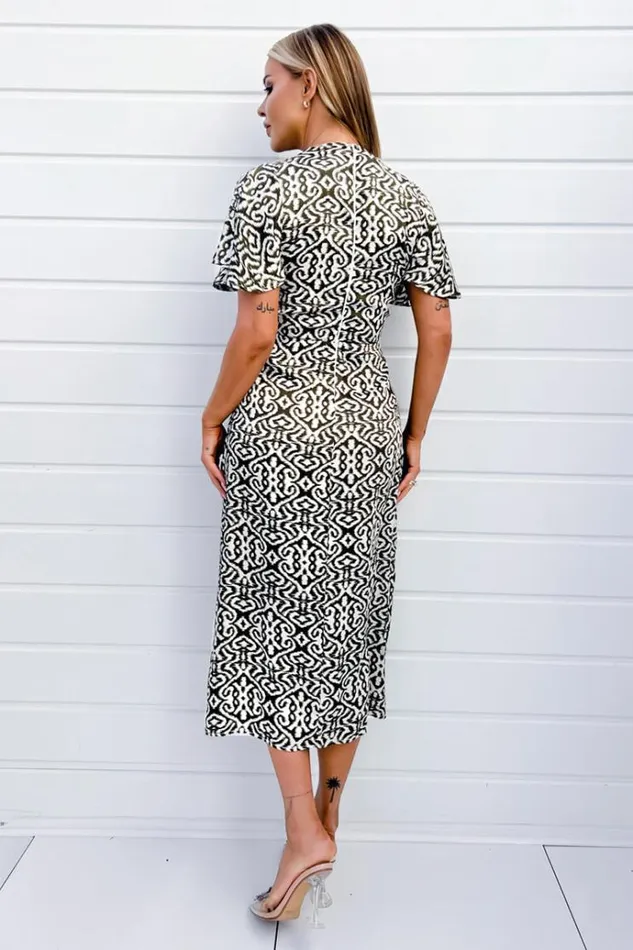 AX Paris Khaki Printed Bell Sleeve Midi Dress Women Dresses