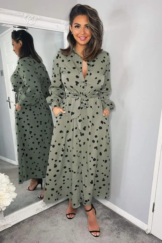 AX Paris Khaki Printed Button Up Midi Shirt Dress Women Dresses