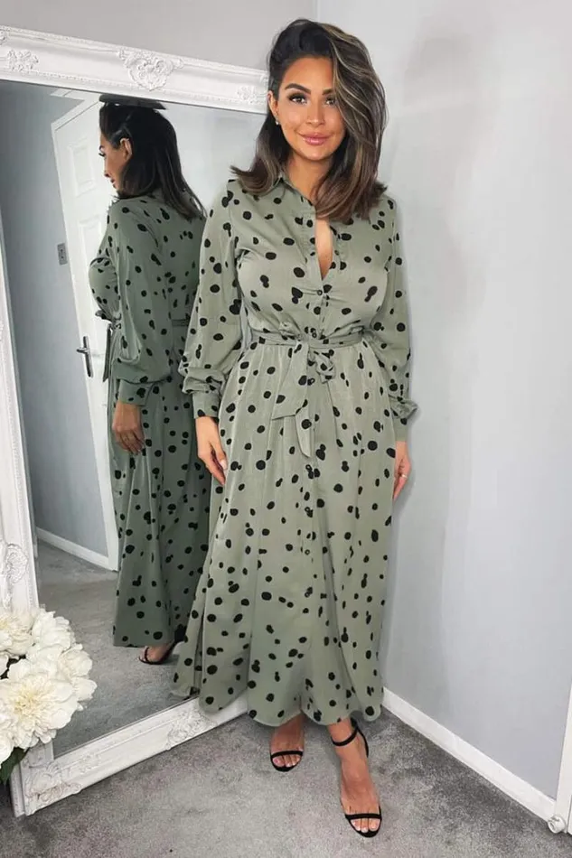 AX Paris Khaki Printed Button Up Midi Shirt Dress Women Dresses