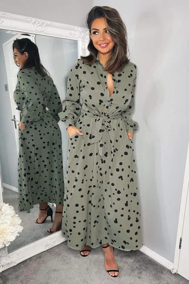 AX Paris Khaki Printed Button Up Midi Shirt Dress Women Dresses