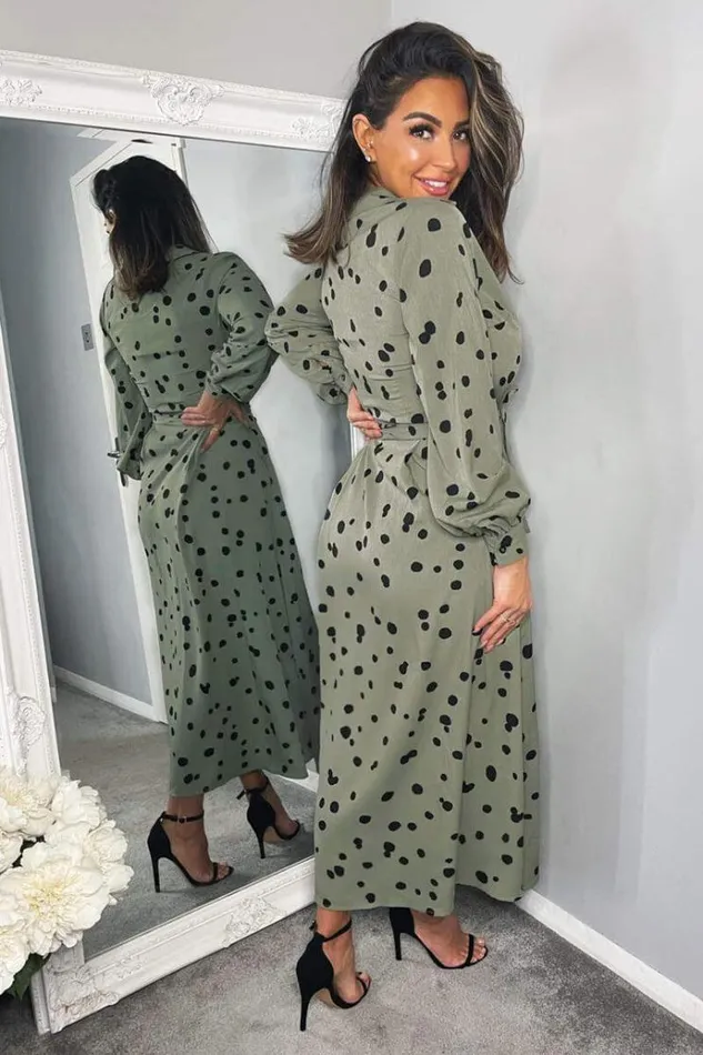 AX Paris Khaki Printed Button Up Midi Shirt Dress Women Dresses