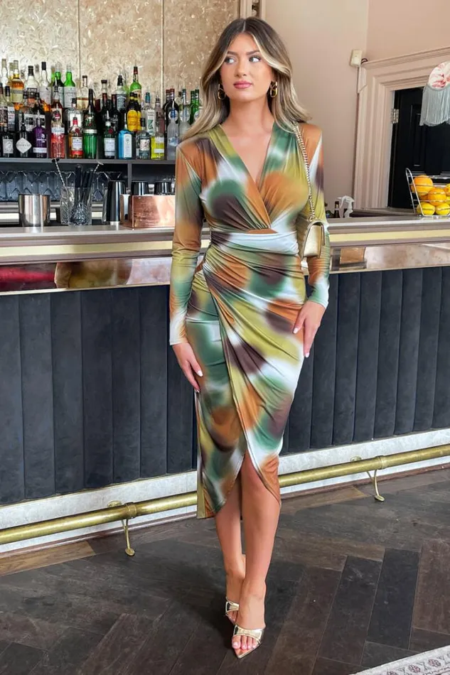 AX Paris Khaki Printed Long Sleeve Wrap Midi Dress Women Dresses
