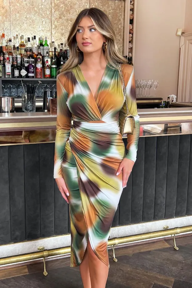 AX Paris Khaki Printed Long Sleeve Wrap Midi Dress Women Dresses