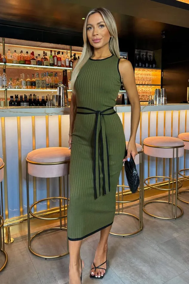 AX Paris Khaki Ribbed Contrast Detail Knitted Dress Women Knitwear