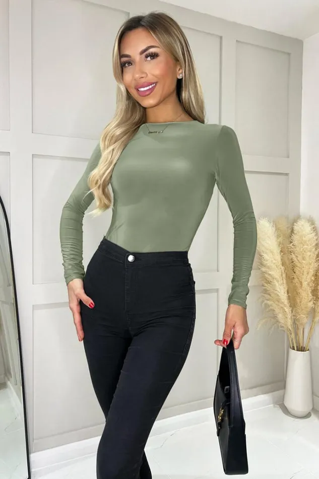 AX Paris Khaki Round Neck Long Sleeve Slinky Bodysuit Women Bodysuits