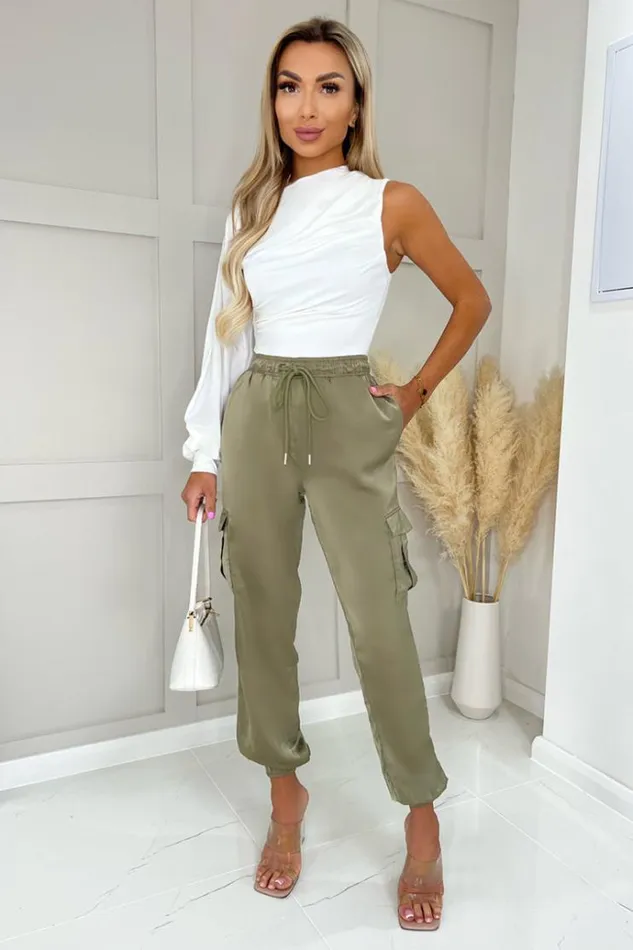 AX Paris Khaki Satin Cuffed Cargo Pants Women Trousers and Leggings