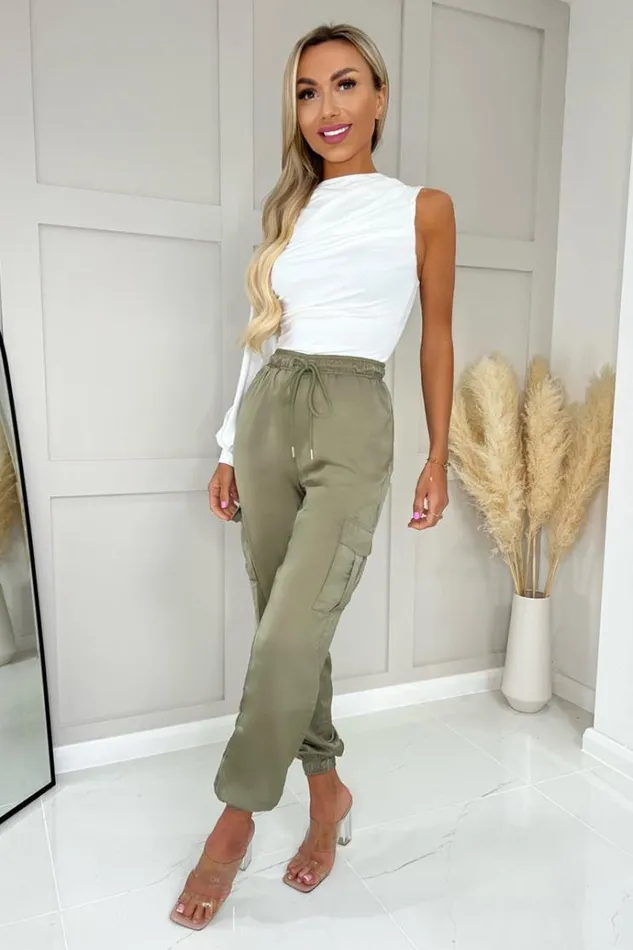 AX Paris Khaki Satin Cuffed Cargo Pants Women Trousers and Leggings