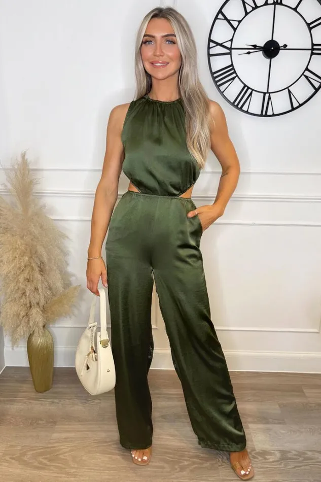 AX Paris Khaki Satin Cut Out Waist Full Length Jumpsuit Women Jumpsuits And Playsuits AX Paris Khaki Satin Cut Out Waist Full Length Jumpsuit Women Jumpsuits And Playsuits