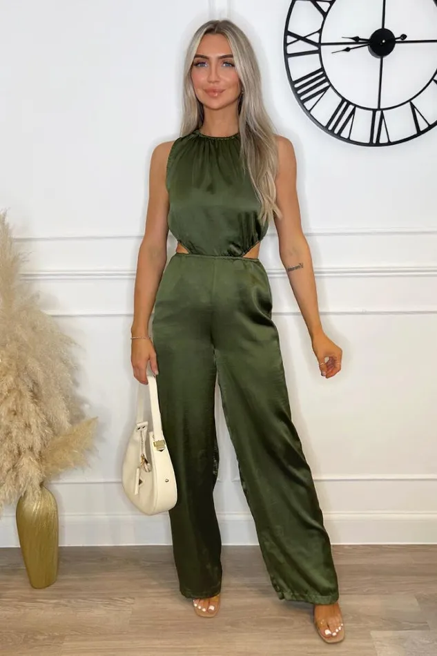 AX Paris Khaki Satin Cut Out Waist Full Length Jumpsuit Women Jumpsuits And Playsuits