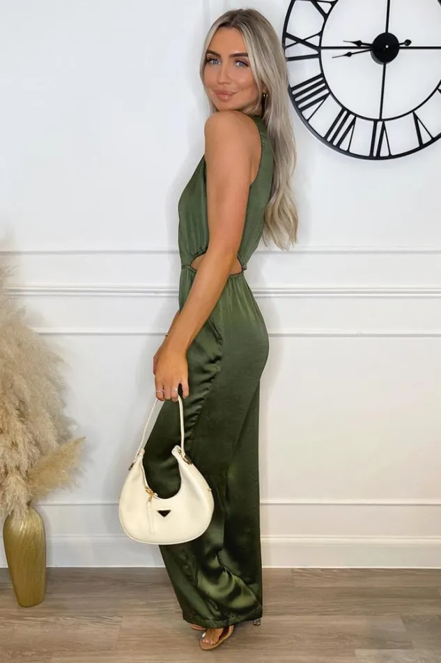 AX Paris Khaki Satin Cut Out Waist Full Length Jumpsuit Women Jumpsuits And Playsuits