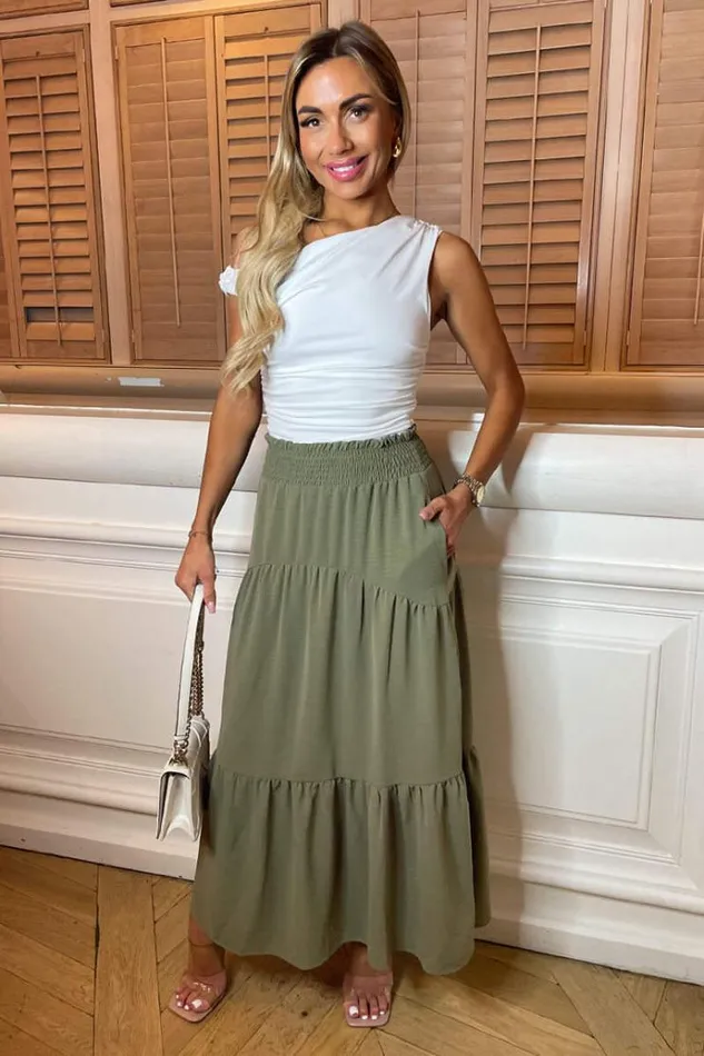 AX Paris Khaki Shirred Waist Maxi Skirt Women Skirts and Shorts