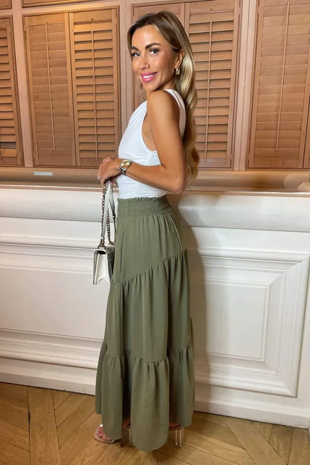 AX Paris Khaki Shirred Waist Maxi Skirt Women Skirts and Shorts