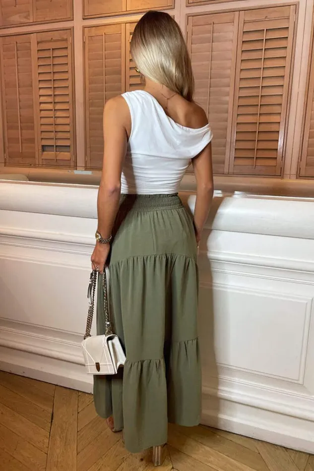 AX Paris Khaki Shirred Waist Maxi Skirt Women Skirts and Shorts
