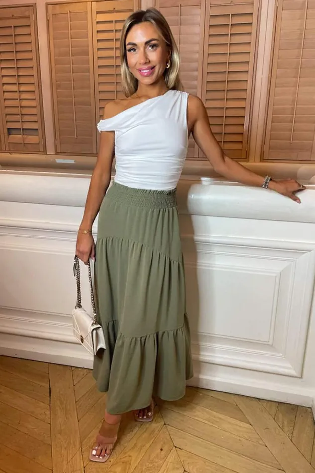 AX Paris Khaki Shirred Waist Maxi Skirt Women Skirts and Shorts