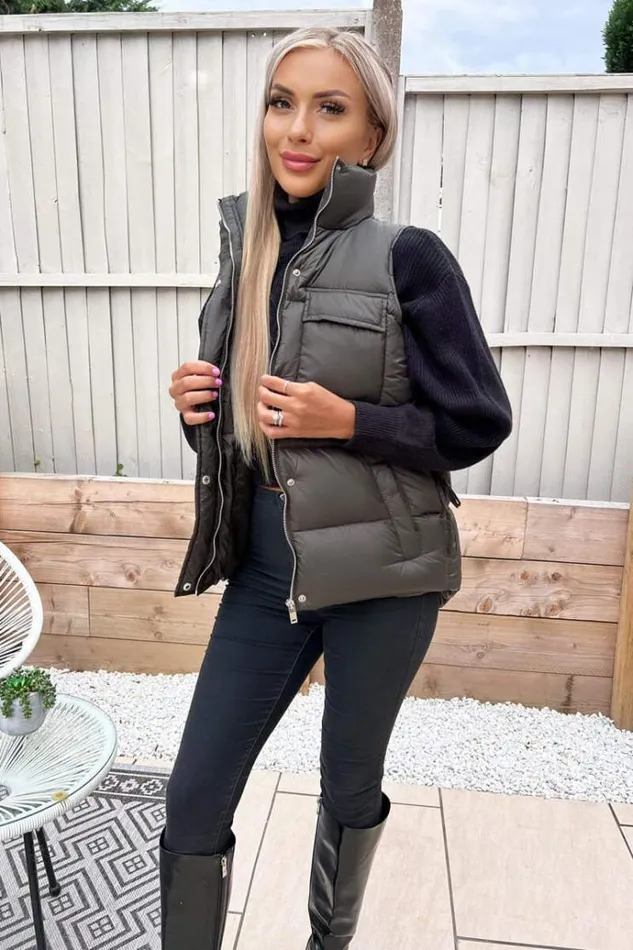 AX Paris Khaki Short Padded Gilet Women Coats and Jackets