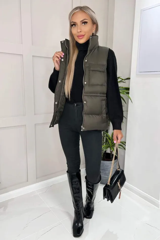 AX Paris Khaki Short Padded Gilet Women Coats and Jackets