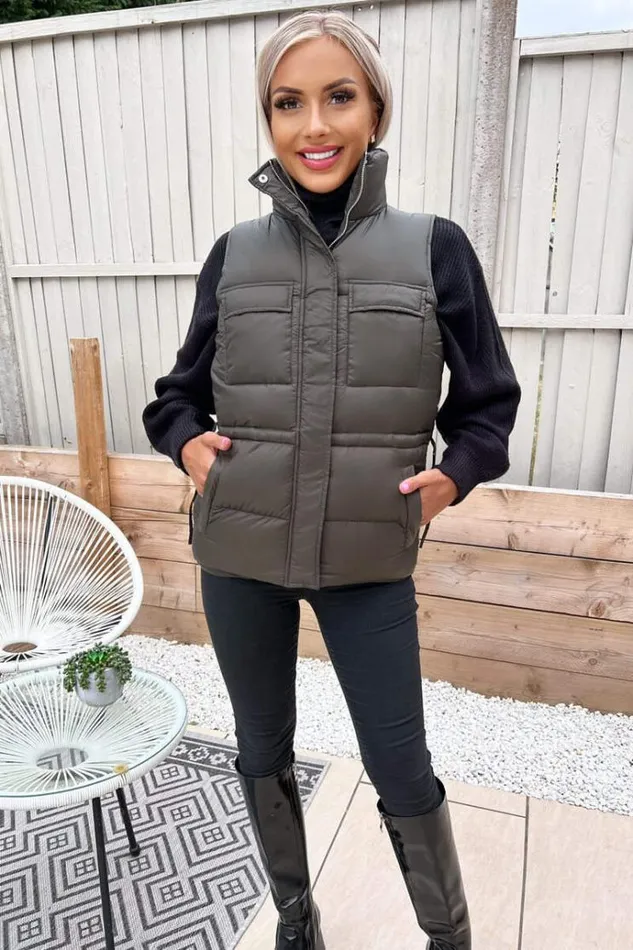 AX Paris Khaki Short Padded Gilet Women Coats and Jackets
