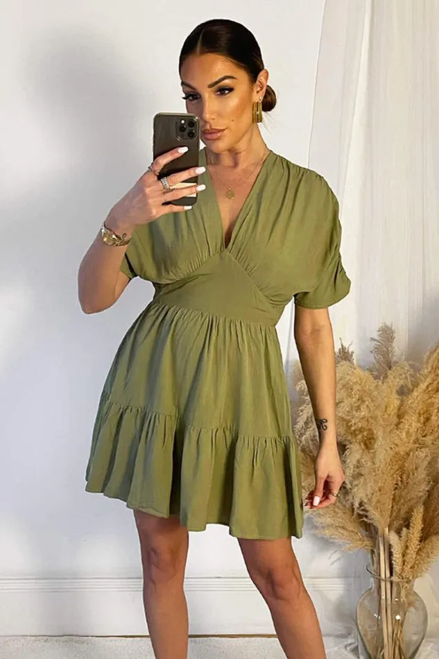 AX Paris Khaki Short Sleeve Tie Back V Neck Mini Dress Women Dresses