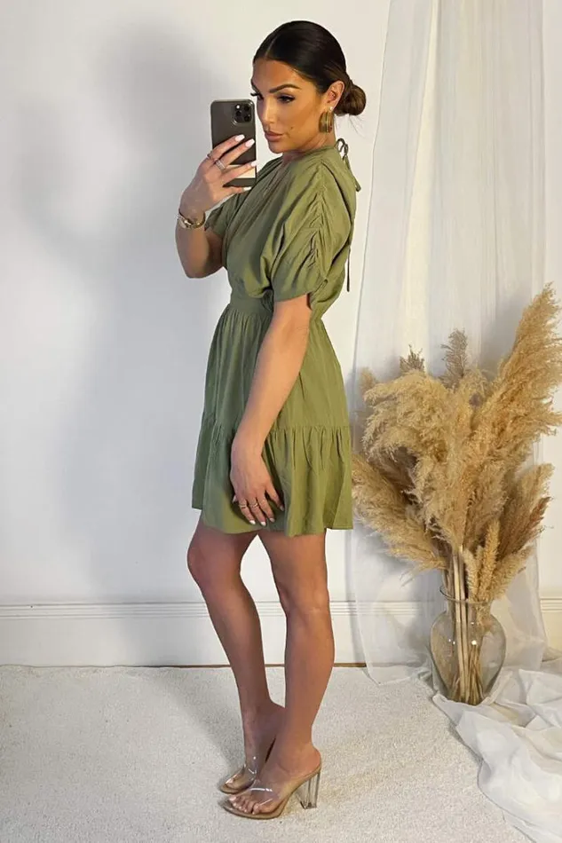 AX Paris Khaki Short Sleeve Tie Back V Neck Mini Dress Women Dresses