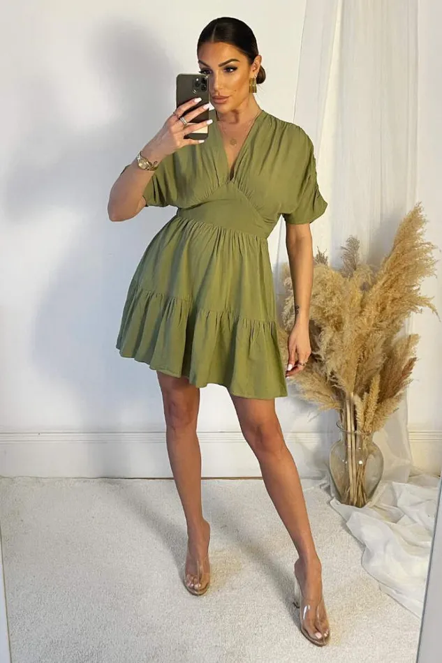 AX Paris Khaki Short Sleeve Tie Back V Neck Mini Dress Women Dresses