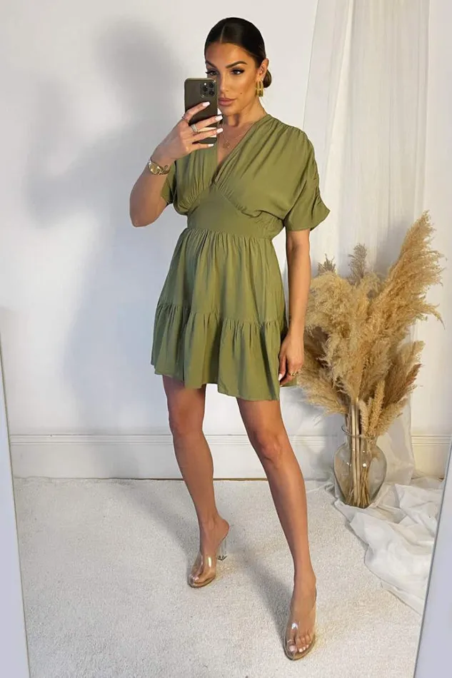 AX Paris Khaki Short Sleeve Tie Back V Neck Mini Dress Women Dresses