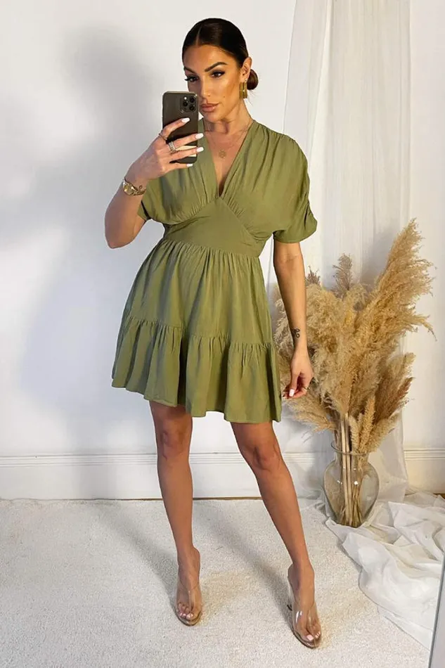 AX Paris Khaki Short Sleeve Tie Back V Neck Mini Dress Women Dresses