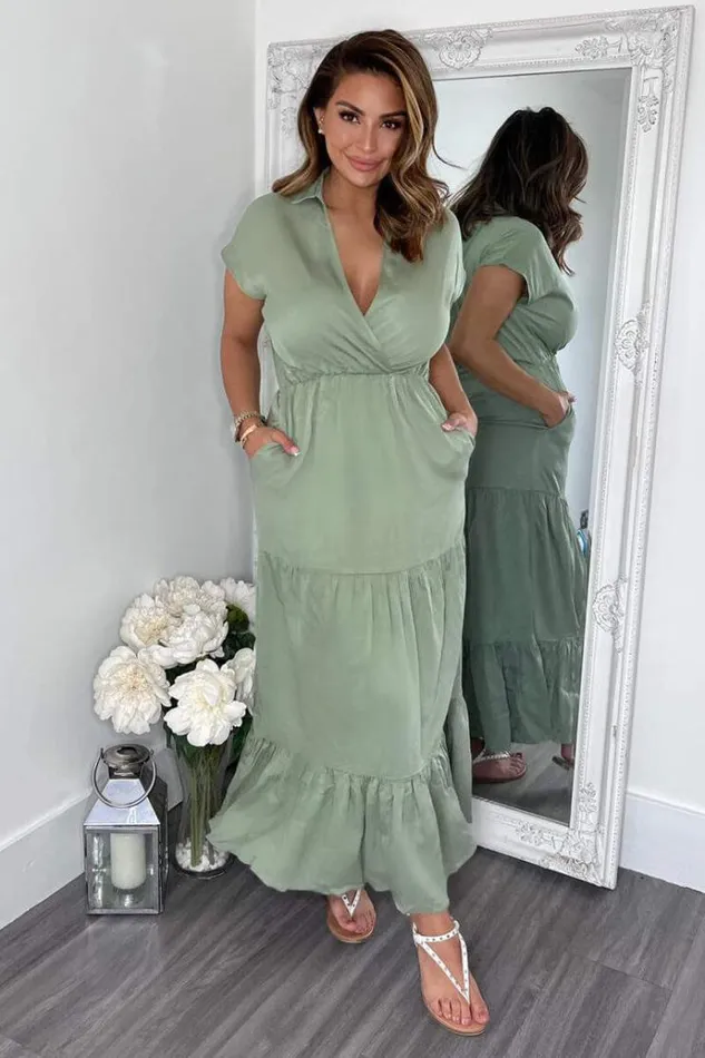 AX Paris Khaki Short Sleeved VNeck Midi Smock Dress Women Dresses