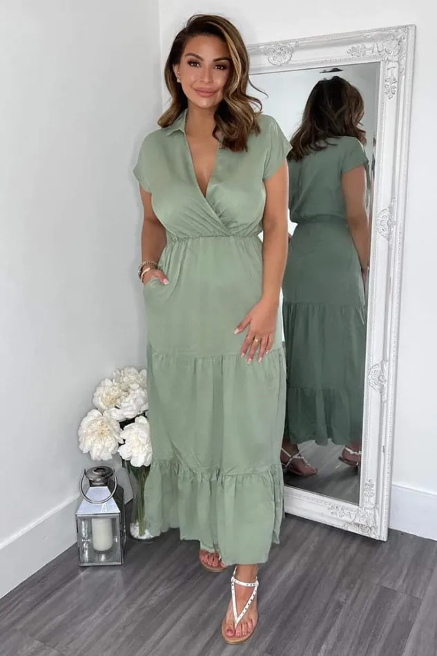 AX Paris Khaki Short Sleeved VNeck Midi Smock Dress Women Dresses