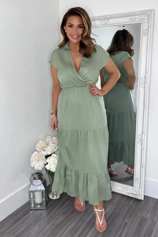 AX Paris Khaki Short Sleeved VNeck Midi Smock Dress Women Dresses