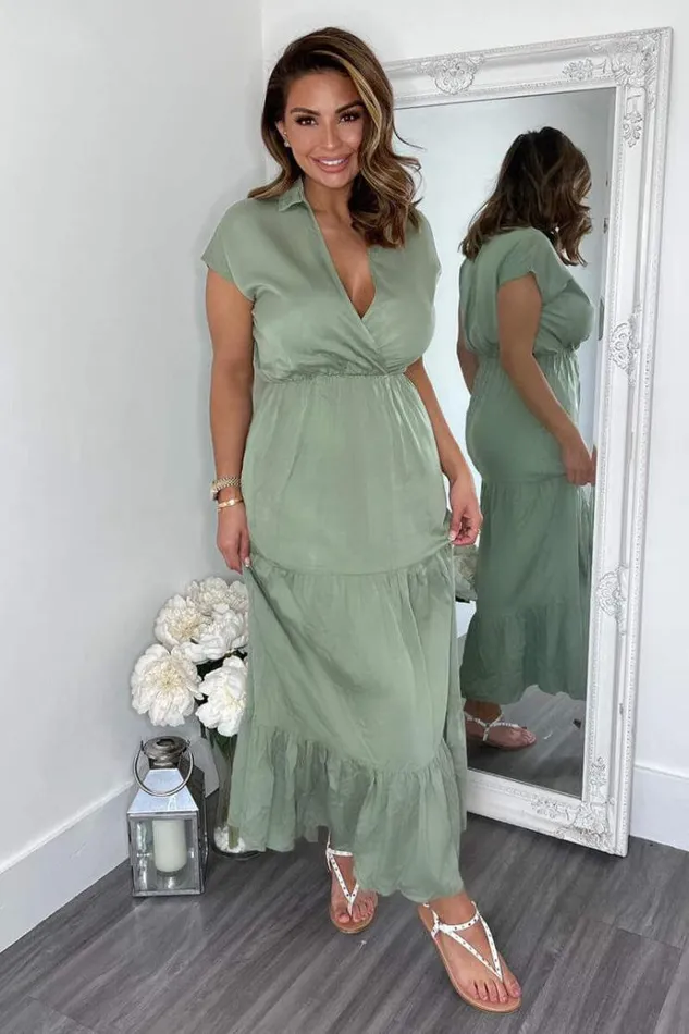 AX Paris Khaki Short Sleeved VNeck Midi Smock Dress Women Dresses