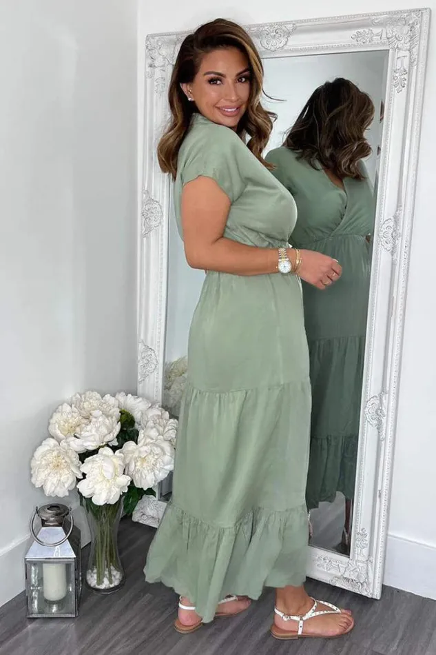 AX Paris Khaki Short Sleeved VNeck Midi Smock Dress Women Dresses