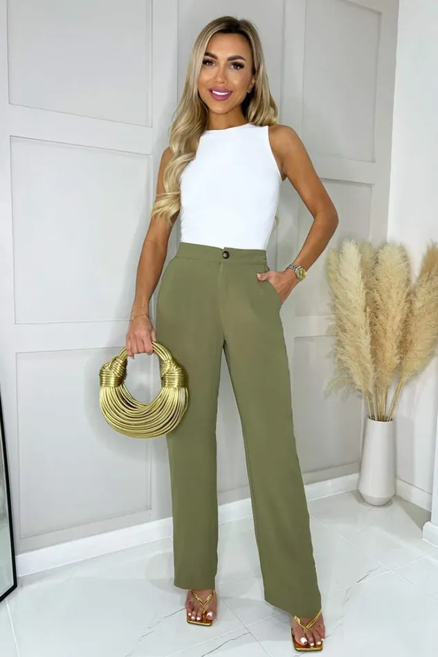 AX Paris Khaki Straight Leg Trousers Women Trousers and Leggings