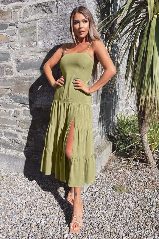 AX Paris Khaki Strappy Smock Midi Dress Women Dresses