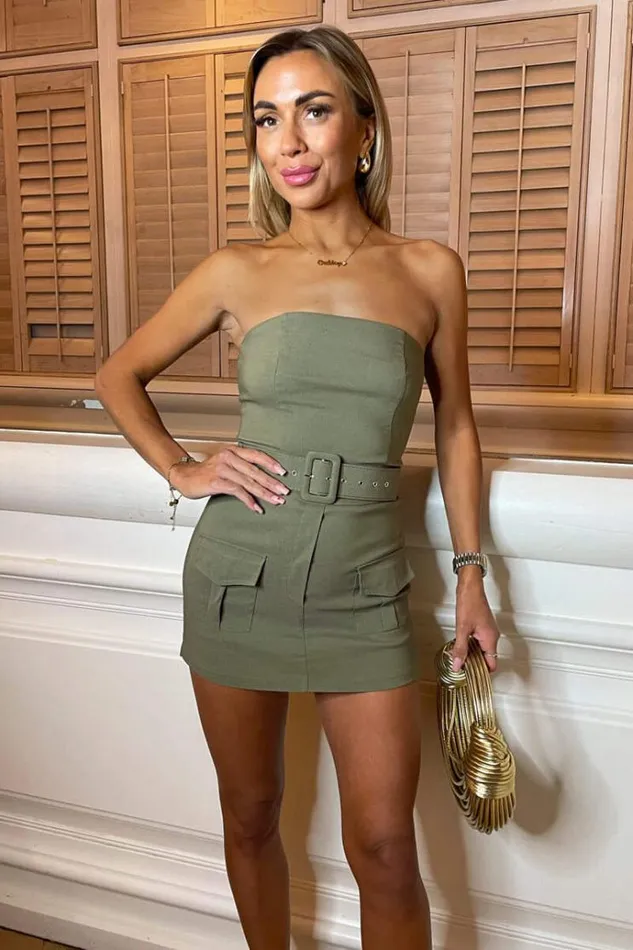 AX Paris Khaki Stretch Cotton Strapless Belted Skort Playsuit Women Jumpsuits And Playsuits AX Paris Khaki Stretch Cotton Strapless Belted Skort Playsuit Women Jumpsuits And Playsuits