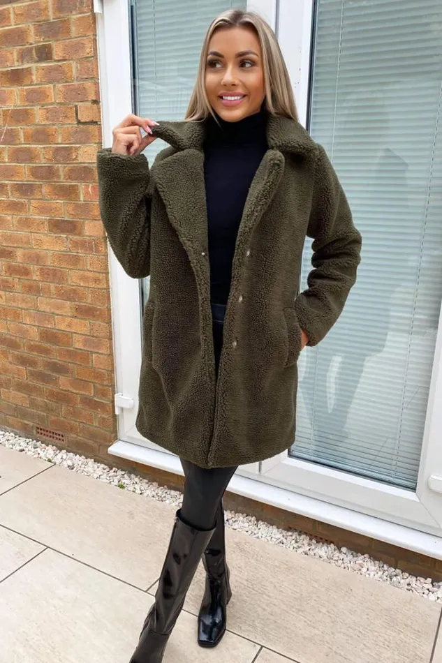 AX Paris Khaki Teddy Faux Fur Coat With Collar Women Coats and Jackets