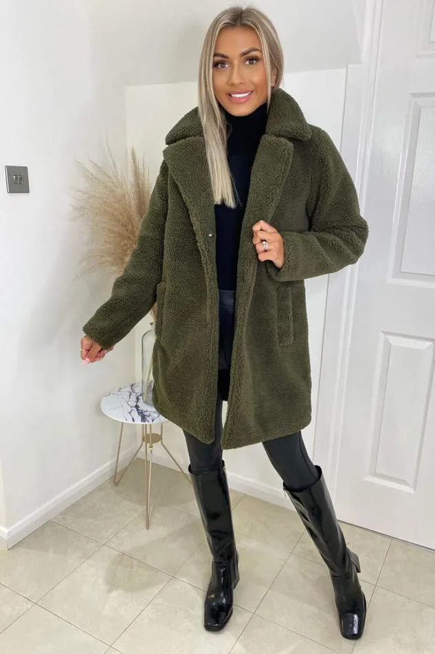 AX Paris Khaki Teddy Faux Fur Coat With Collar Women Coats and Jackets